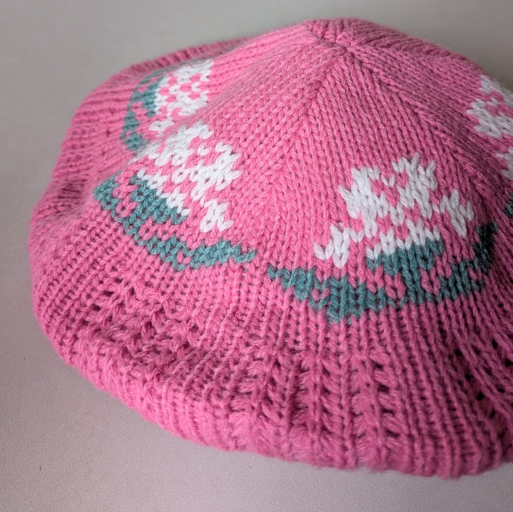 80s Vintage Knit Beret Fair Isle Winter Hat Pink White Flower Beanie Cap Tam - Picture 16 of 16
